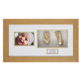 Wood & gold framed baby cast. Hand & foot