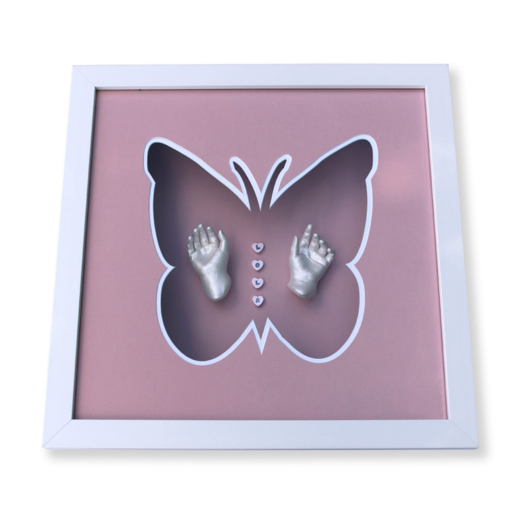 White & pink butterfly casting frame with name letters